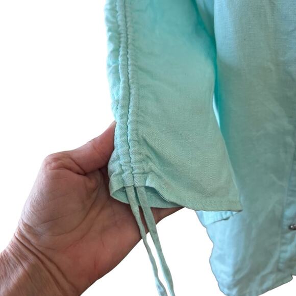 100% Linen Aqua Green JM Collection V-neck Button Up Blouse, 3/4 Sleeves Size 12 - Picture 4 of 6